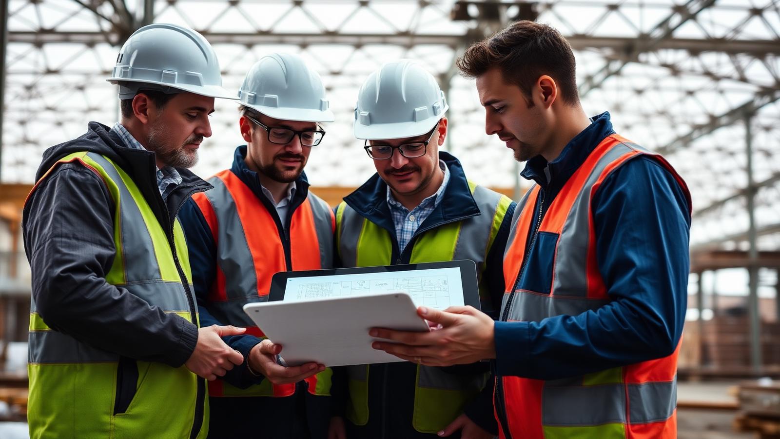 Construction team reviewing digital drawings on a tablet at a jobsite