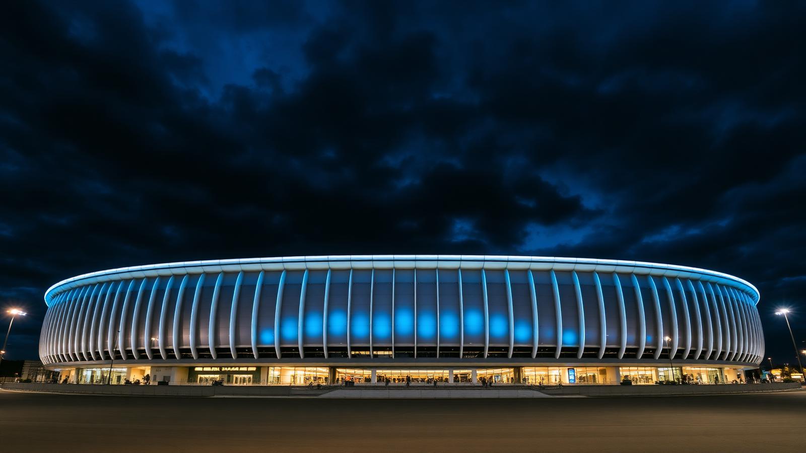 Modern stadium exterior illuminated at dusk